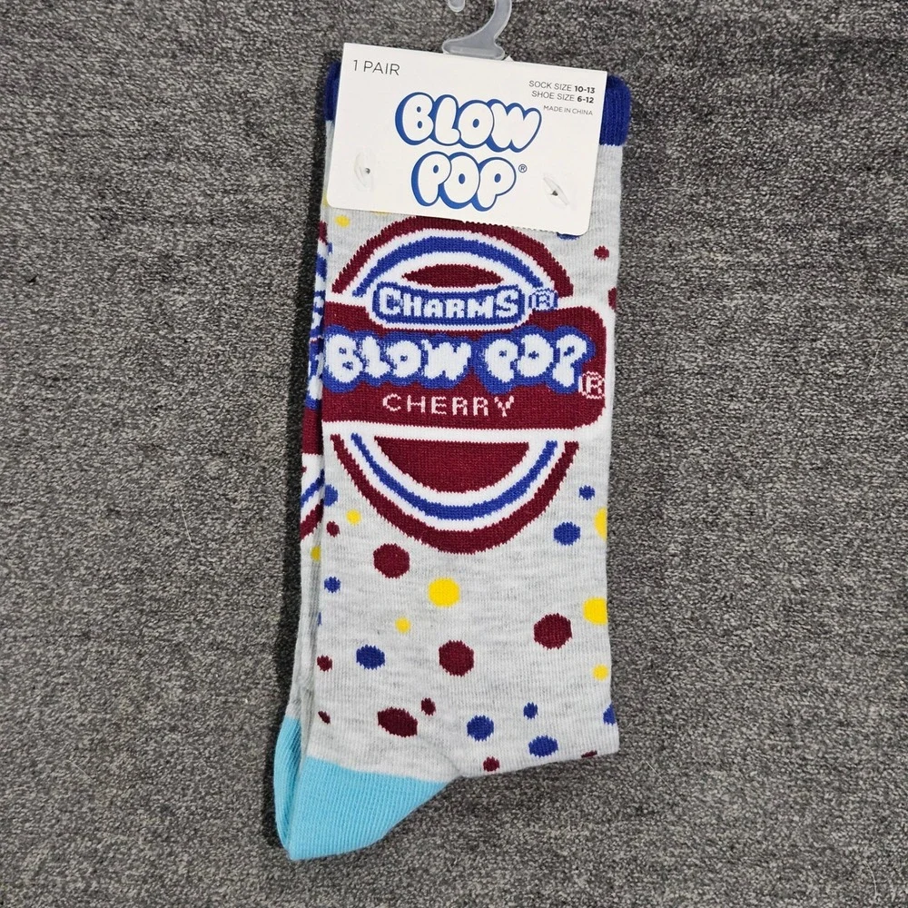 Blow Pop Cherry Candy Mens Crew Socks Gray Polka Dot‎ Shoe Size 6-12